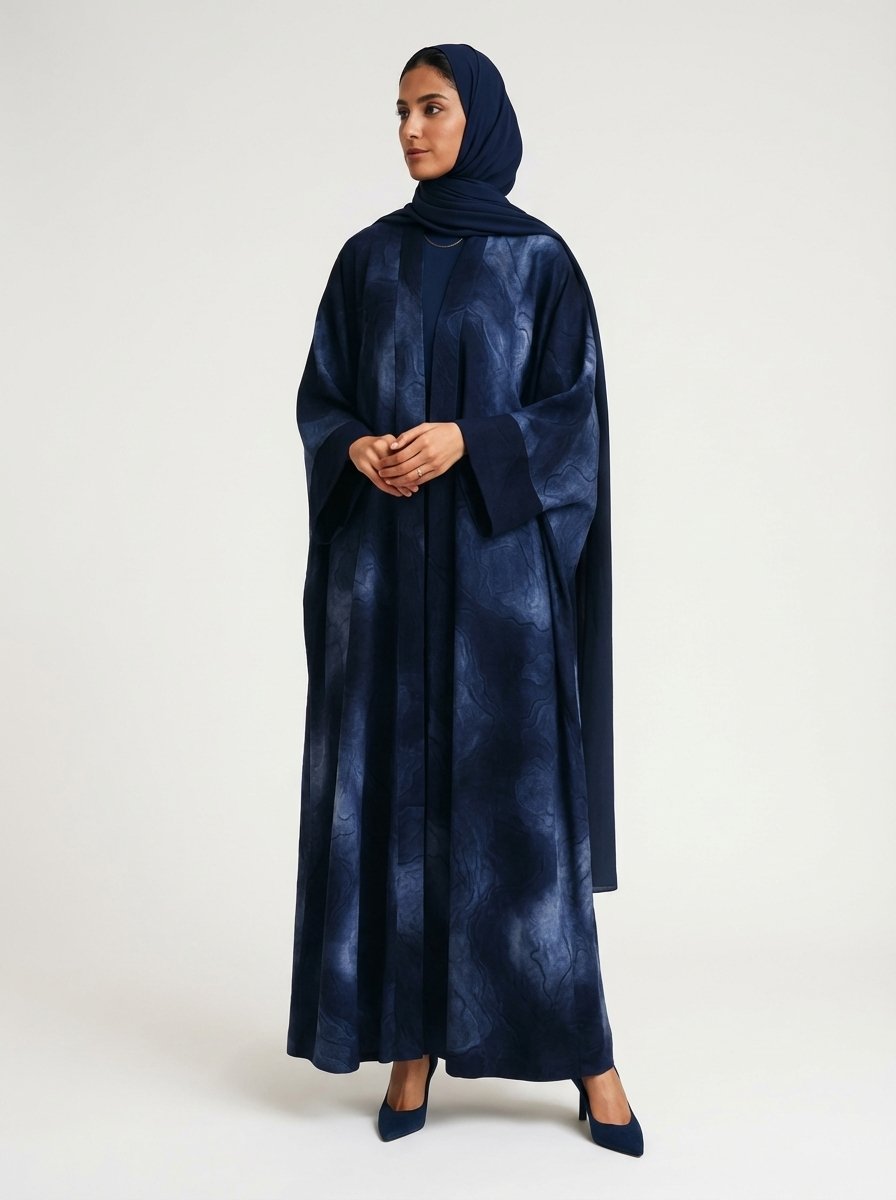 Navy Blue Abstract Marble Print Open Abaya - Image 5