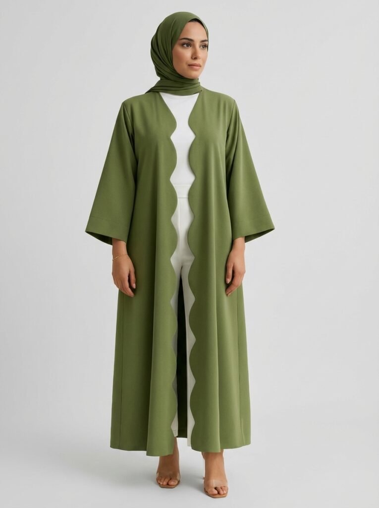 Olive Green Scalloped Edge Open Front Abaya