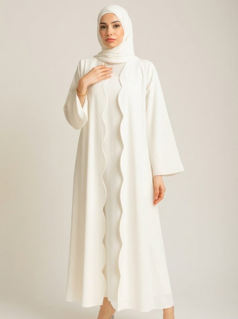 Pure White Scalloped Edge Open Front Abaya