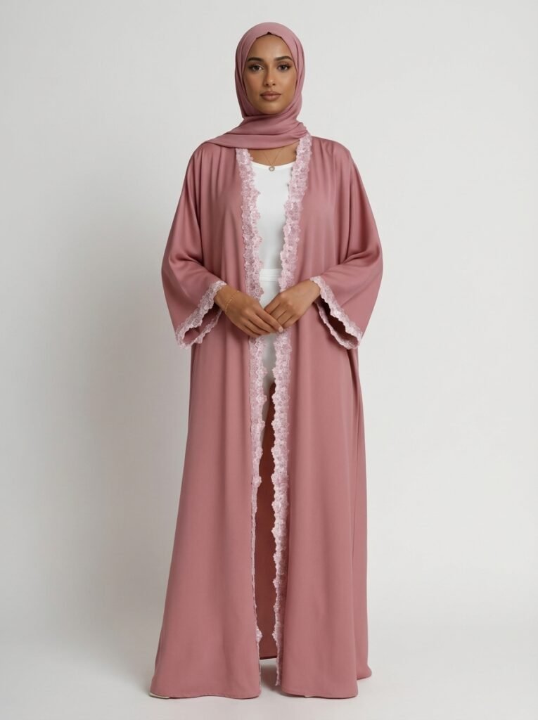 Dusty Pink Lace Trim Open Front Abaya