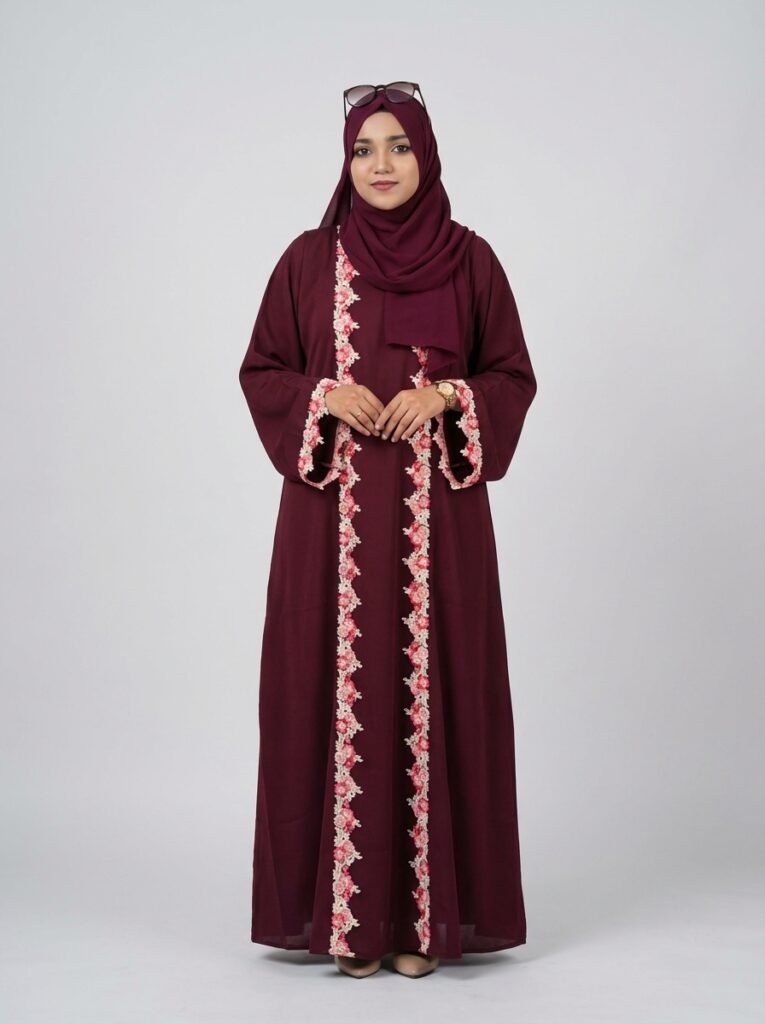 Burgundy Floral Lace Trim Open Front Abaya