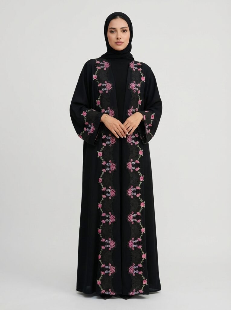 Black Floral Embroidered Open Front Abaya