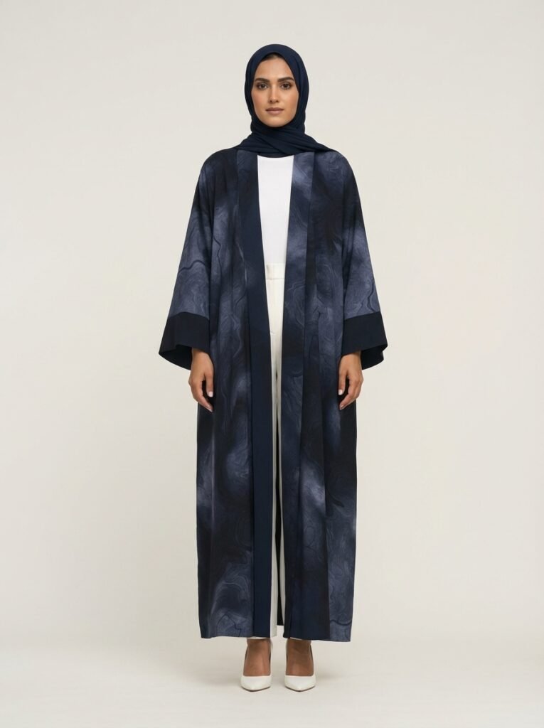 Navy Blue Abstract Print Open Front Abaya Send the next one whenever you're ready!