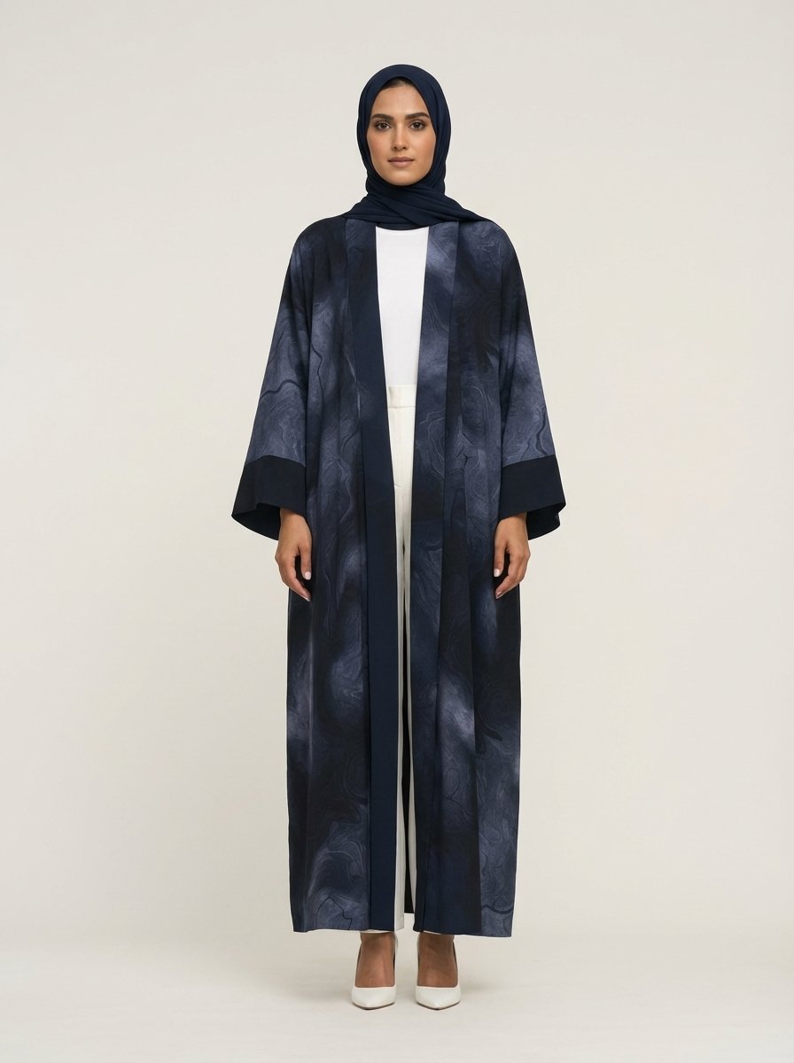 Navy Blue Abstract Print Open Front Abaya Send the next one whenever you're ready!
