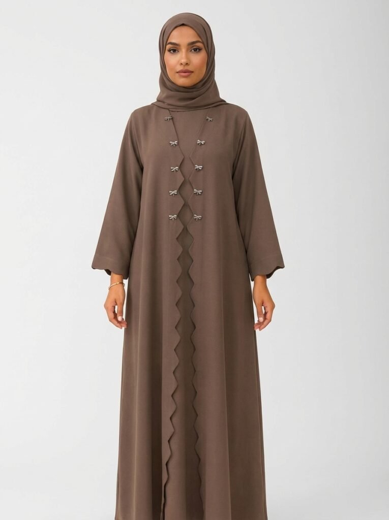 Mocha Brown Scalloped Edge Abaya with Bow Accents