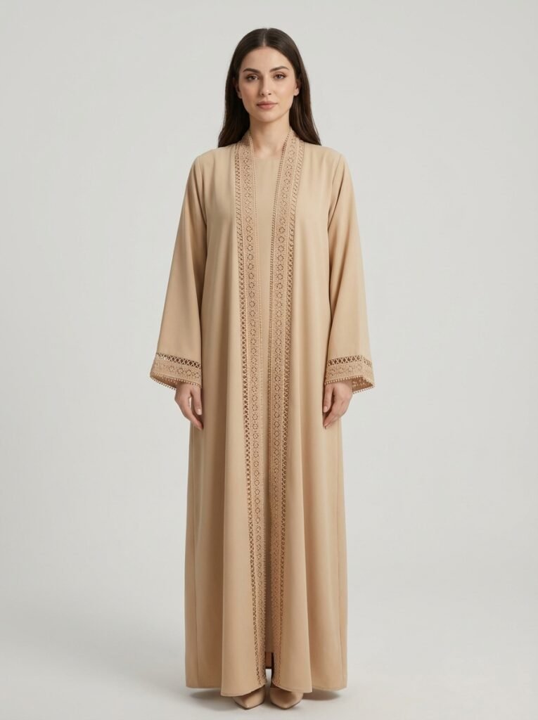 Beige Geometric Lace Trim Open Front Abaya