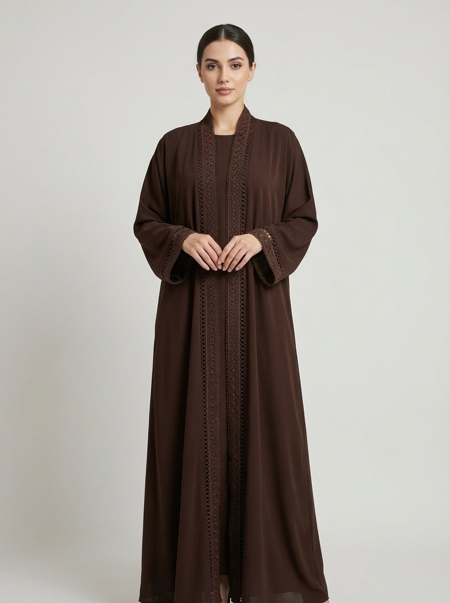 Dark Brown Geometric Lace Trim Open Front Abaya - Image 9