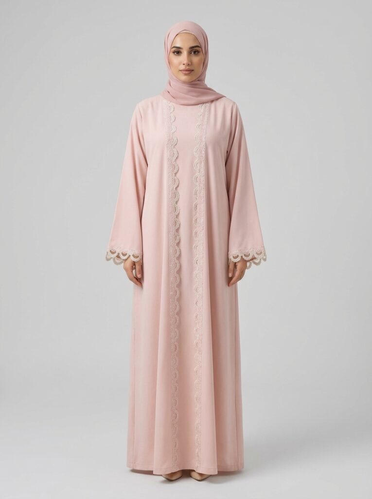 Blush Pink Scalloped Lace Trim Open Front Abaya