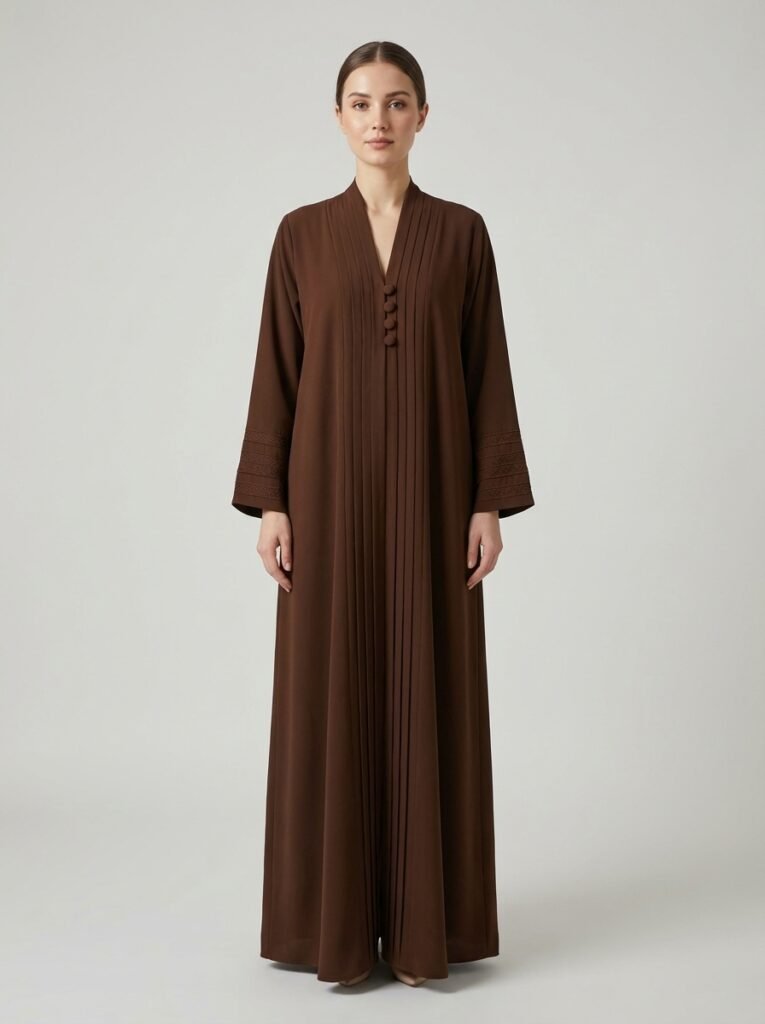 Chocolate Brown Pleated Front Abaya with Button Details
