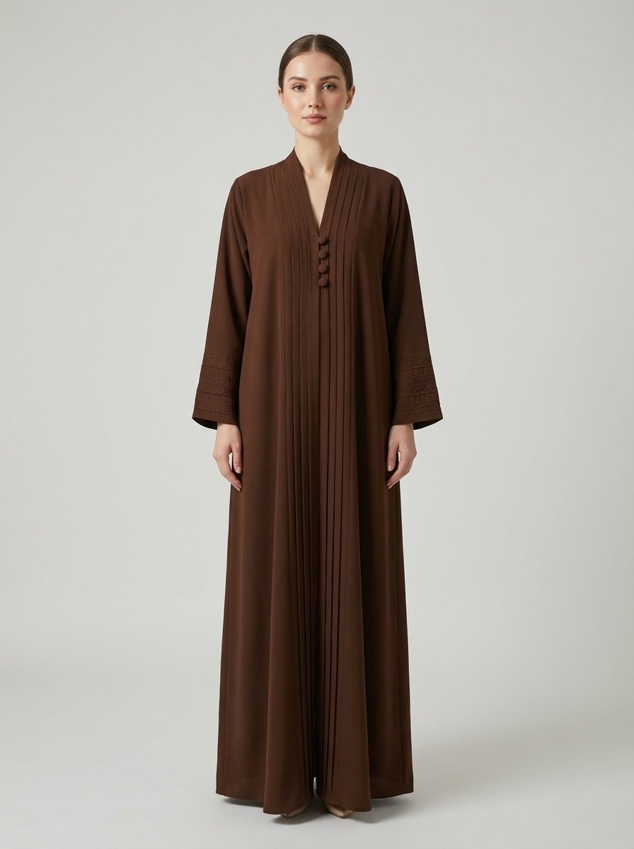Chocolate Brown Pleated Front Abaya with Button Details
