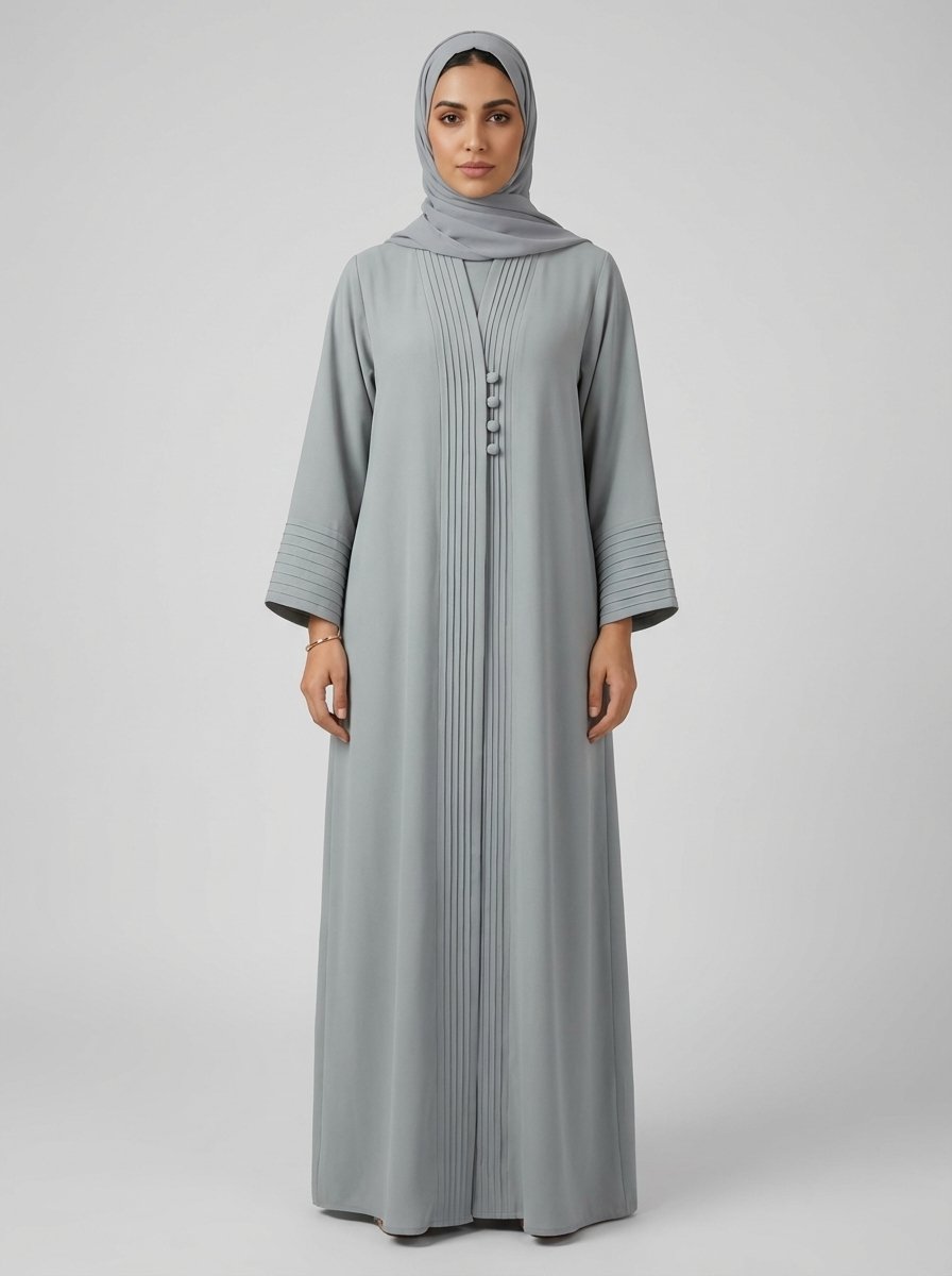 Light Gray Pleated Front Abaya with Button Details