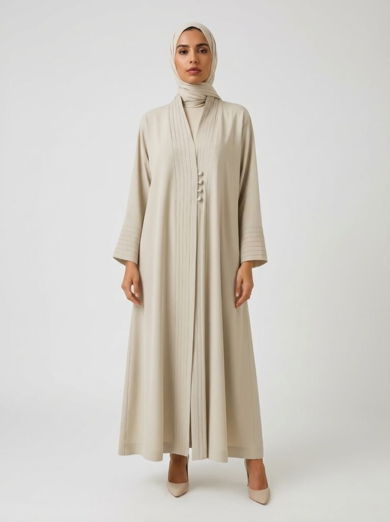 Beige Pleated Front Abaya with Button Details