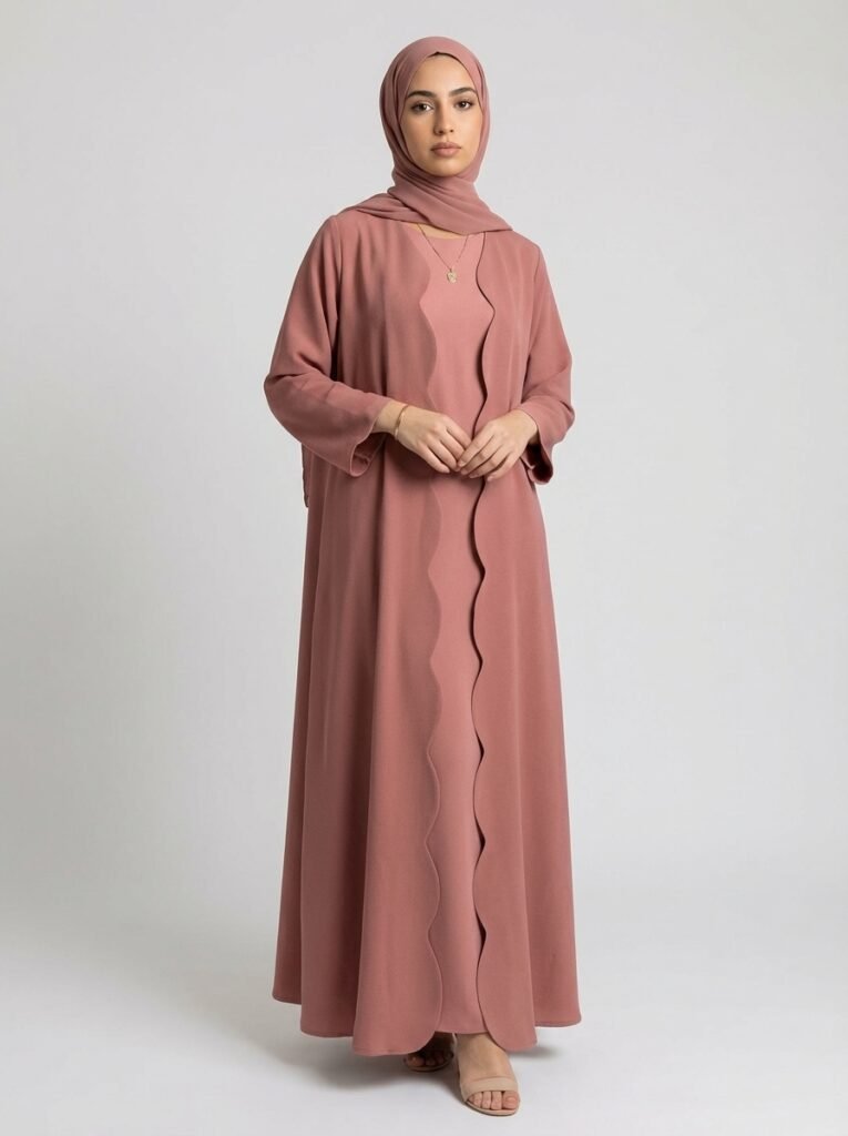 Dusty Rose Scalloped Edge Open Front Abaya