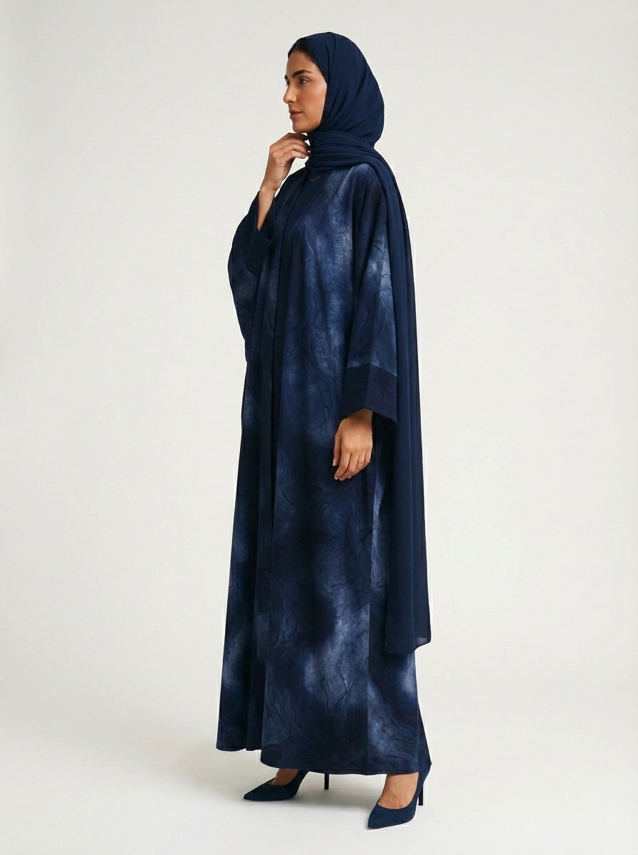 Navy Blue Abstract Marble Print Open Abaya - Image 4
