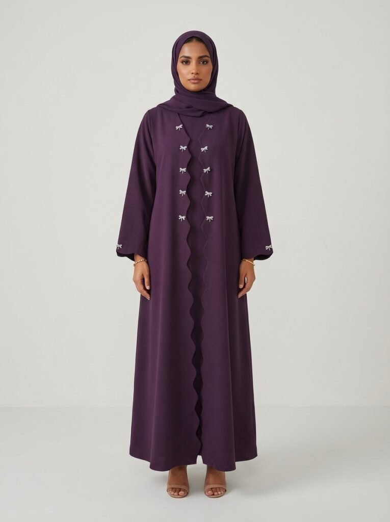 Deep Purple Scalloped Edge Open Front Abaya with Bow Accents