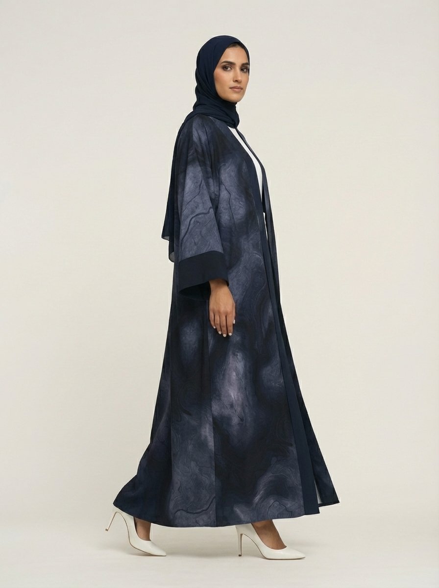 Navy Blue Abstract Print Open Front Abaya Send the next one whenever you're ready! - Image 5