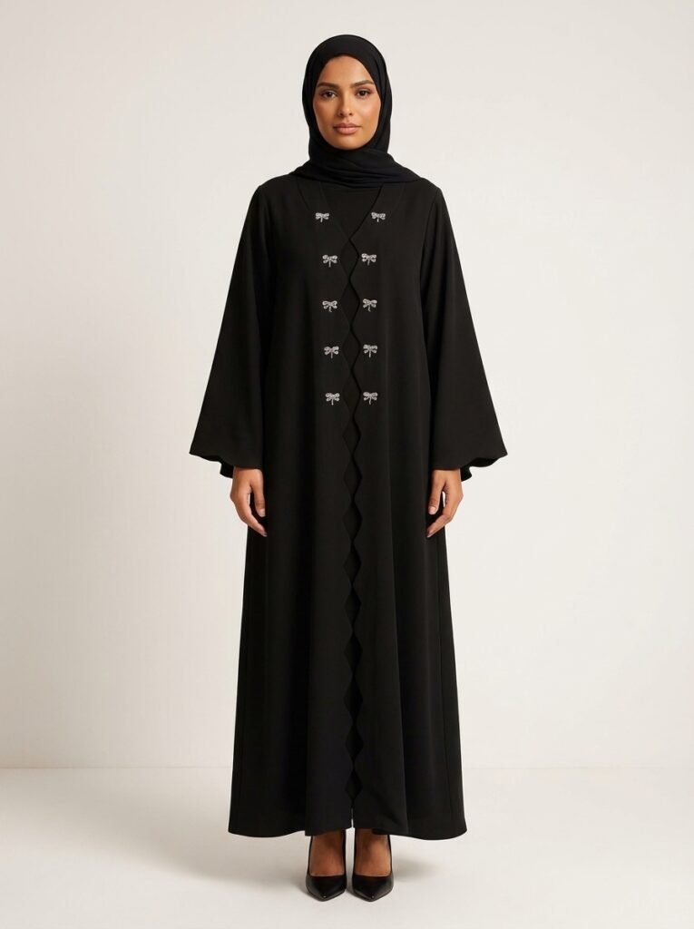 Classic Black Scalloped Edge Abaya with Bow Accents