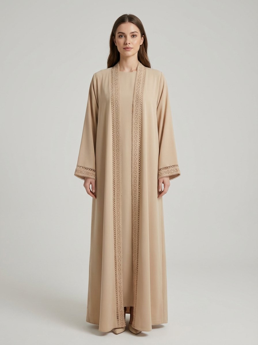 Beige Geometric Lace Trim Open Front Abaya - Image 4
