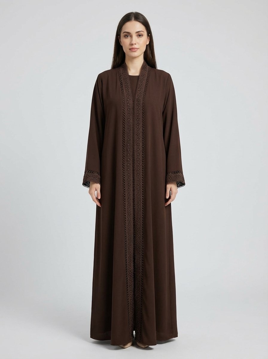 Dark Brown Geometric Lace Trim Open Front Abaya - Image 8