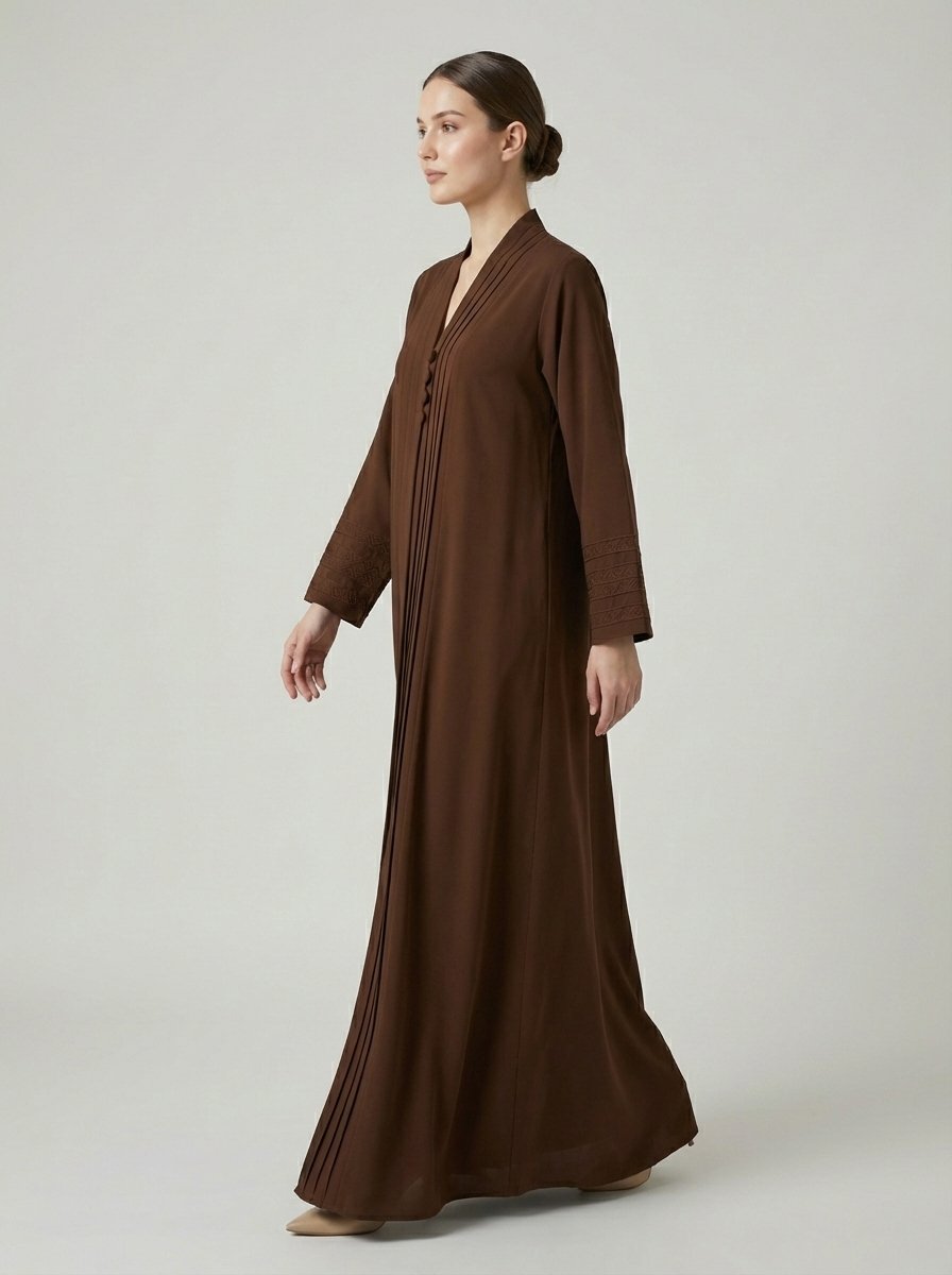 Chocolate Brown Pleated Front Abaya with Button Details - Image 5