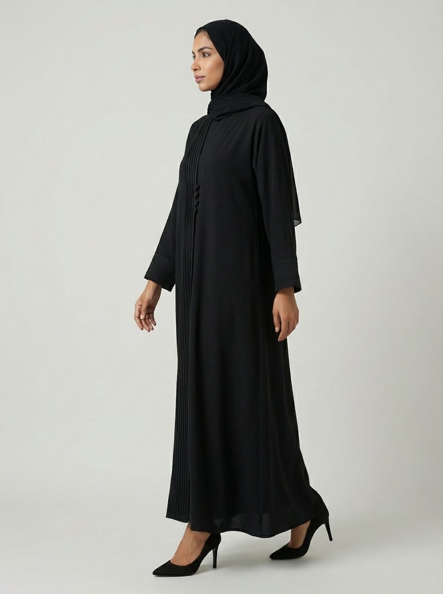 Classic Black Pleated Front Abaya with Button Details - Image 5