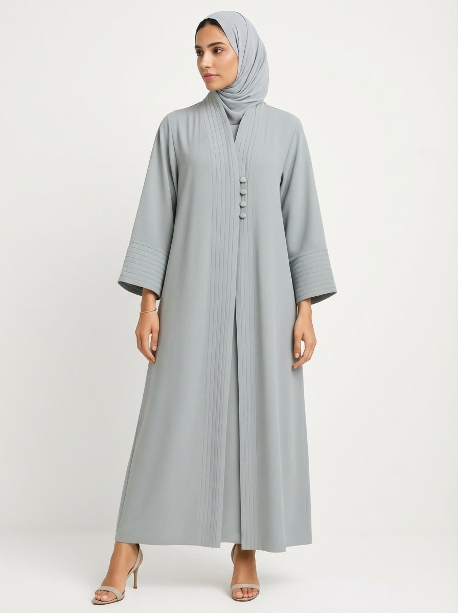 Light Gray Pleated Front Abaya with Button Details - Image 6