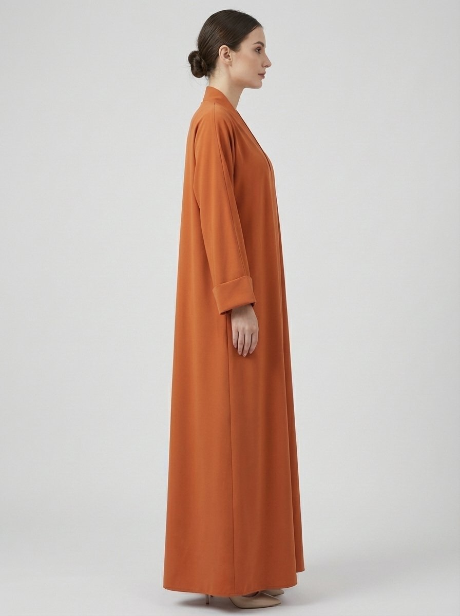 Classic Open Front Abaya Set with Folded Cuffs - Rust Orange - Image 3
