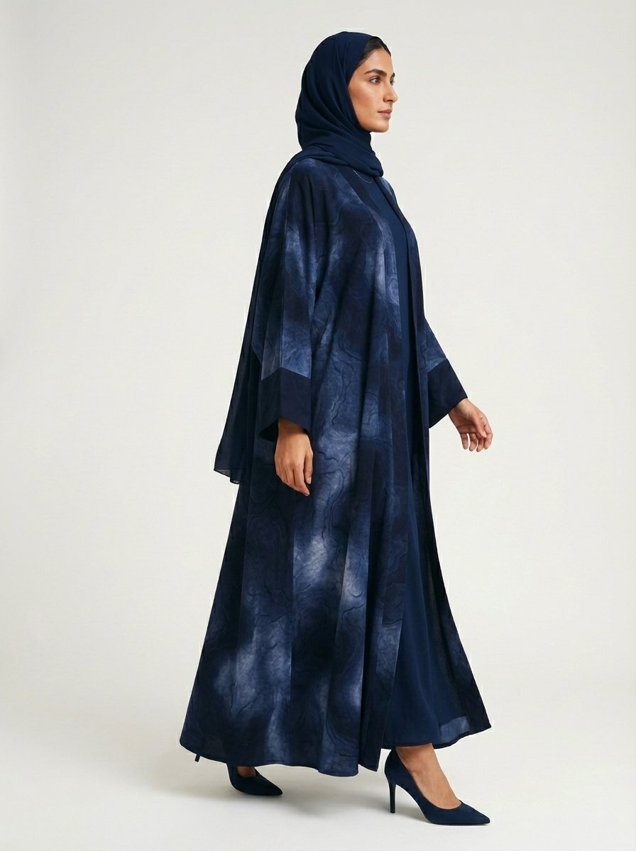 Navy Blue Abstract Marble Print Open Abaya - Image 3