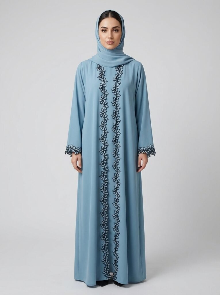 Light Blue Leaf Lace Trim Open Front Abaya