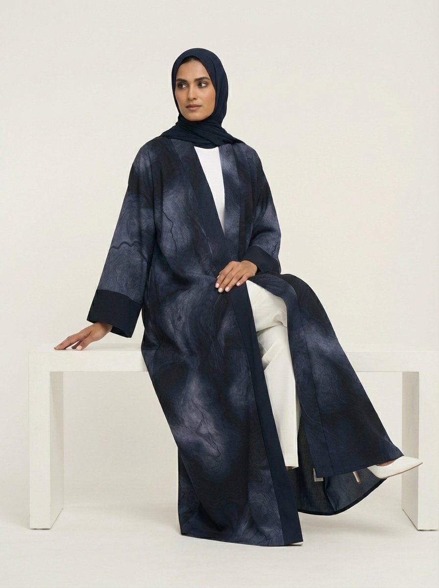 Navy Blue Abstract Print Open Front Abaya Send the next one whenever you're ready! - Image 4