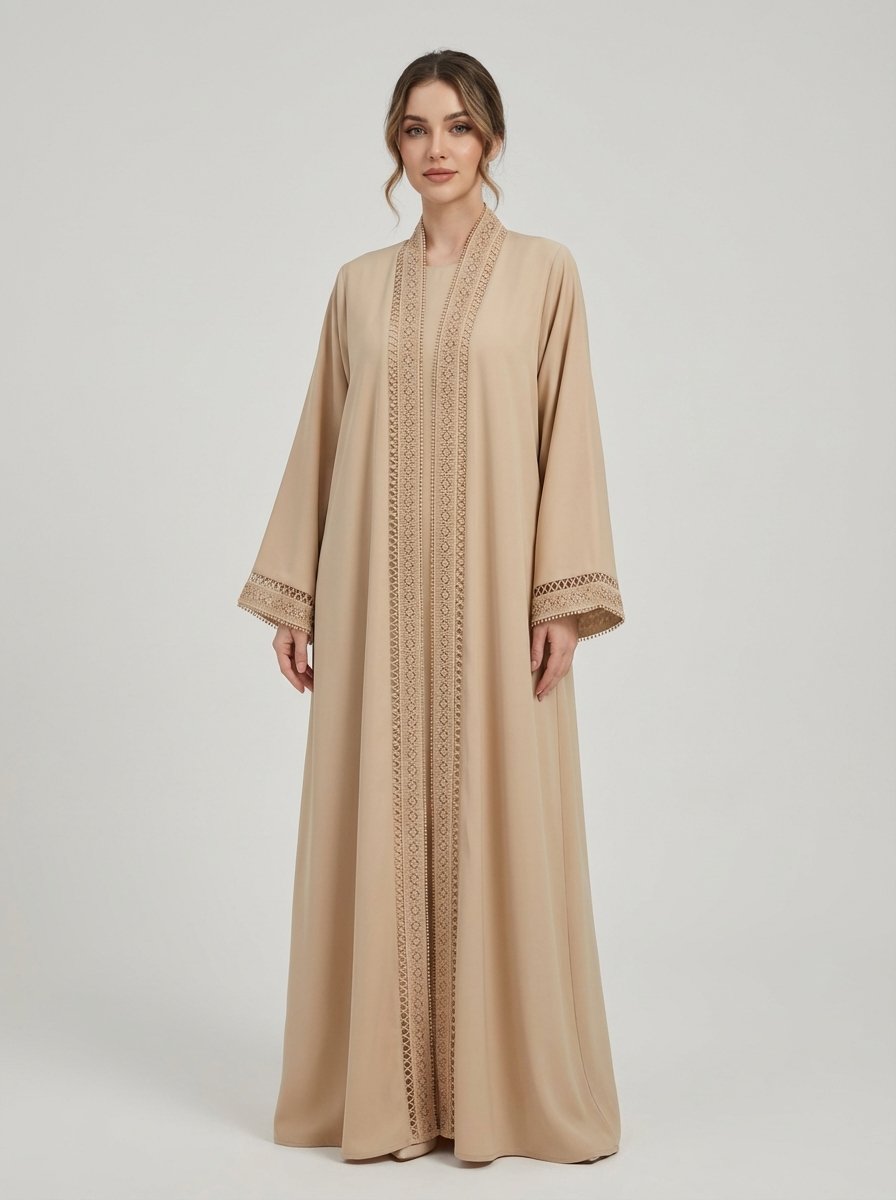 Beige Geometric Lace Trim Open Front Abaya - Image 5