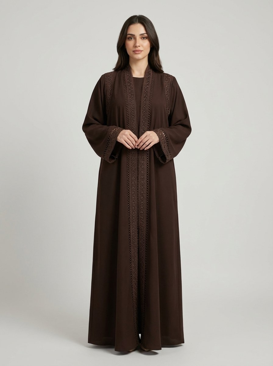Dark Brown Geometric Lace Trim Open Front Abaya - Image 7