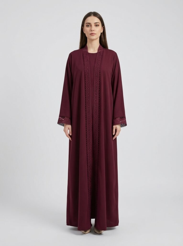 Burgundy Geometric Lace Trim Open Front Abaya