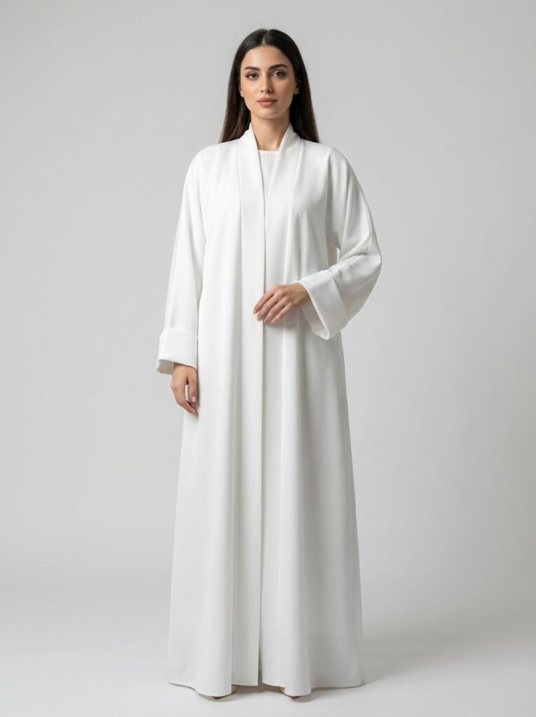 Classic Pure White Open Front Abaya Set