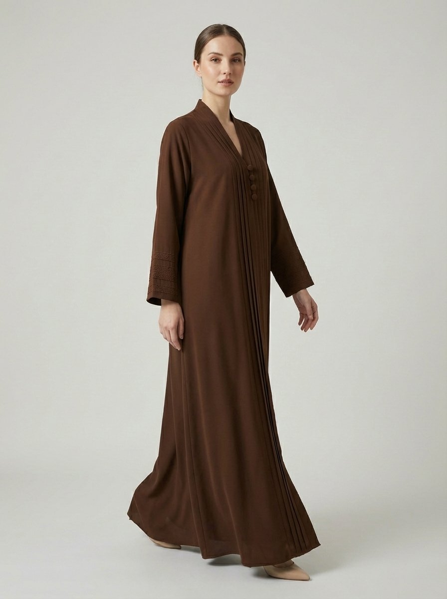 Chocolate Brown Pleated Front Abaya with Button Details - Image 4