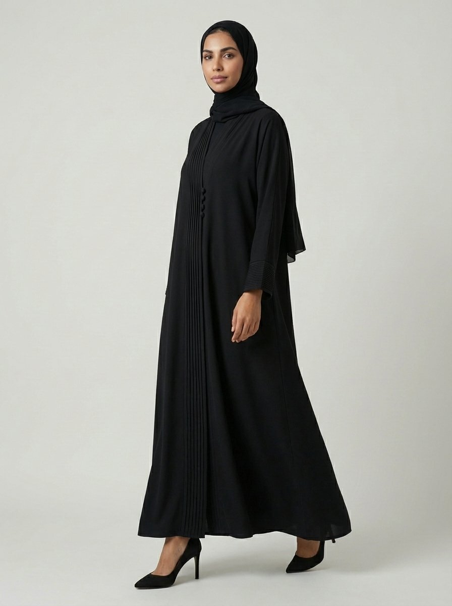 Classic Black Pleated Front Abaya with Button Details - Image 4