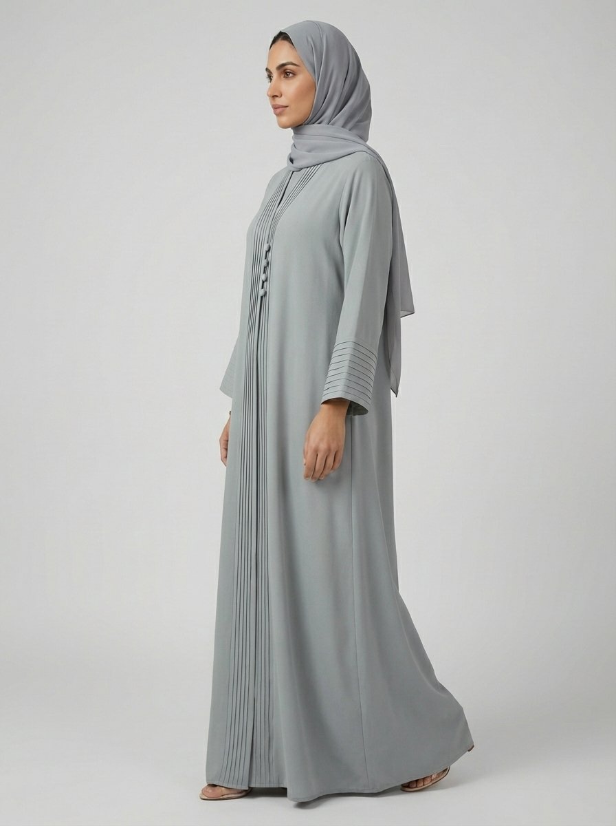 Light Gray Pleated Front Abaya with Button Details - Image 5