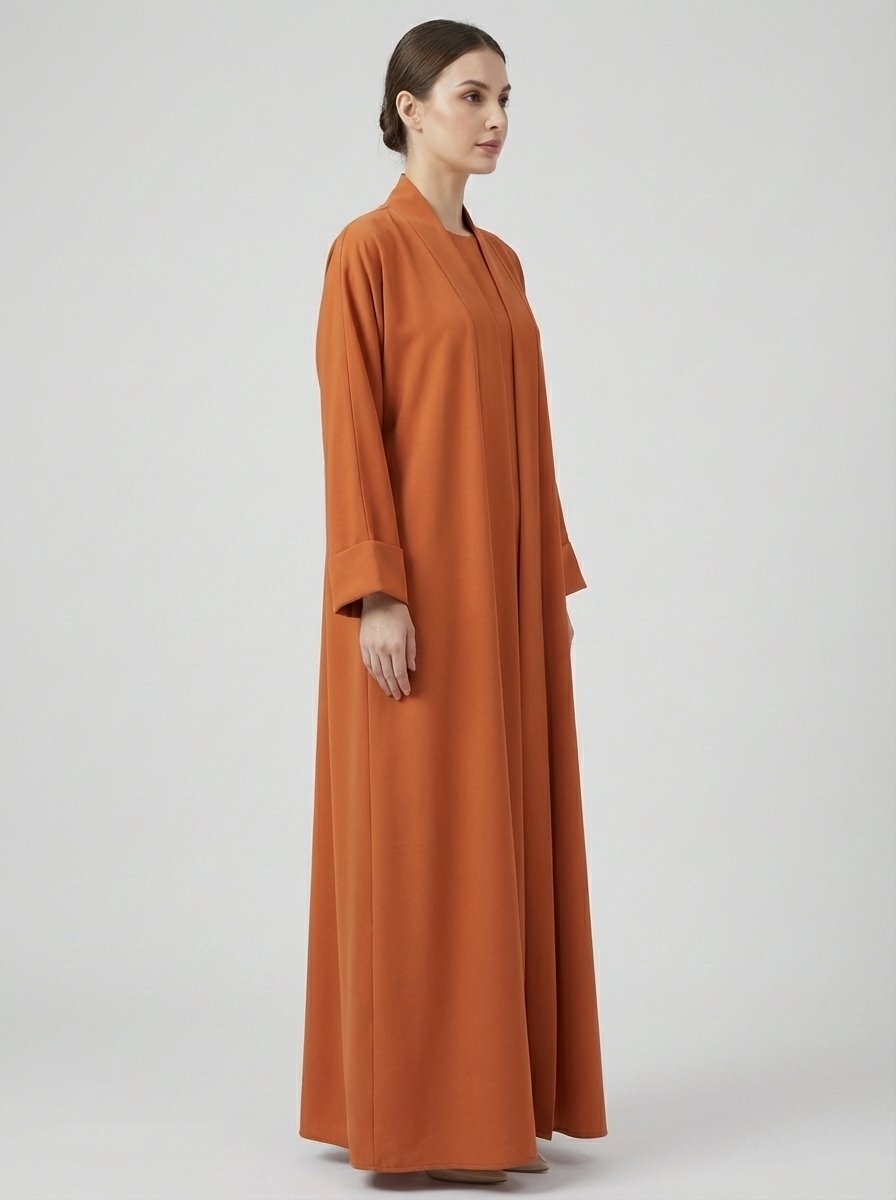 Classic Open Front Abaya Set with Folded Cuffs - Rust Orange - Image 4