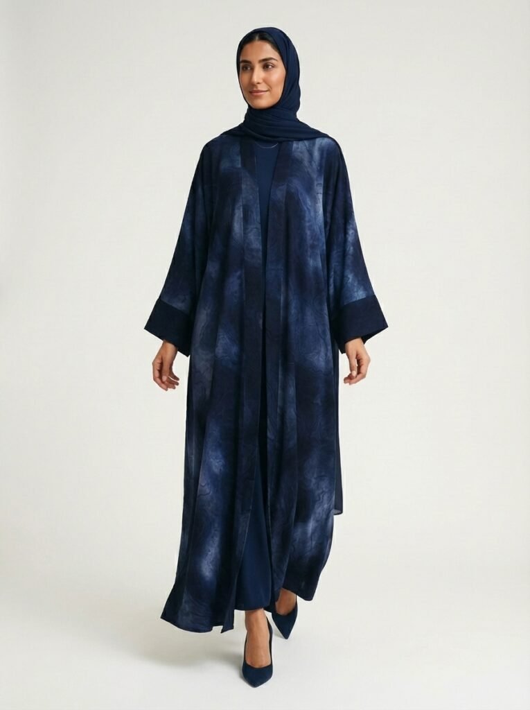 Navy Blue Abstract Marble Print Open Abaya