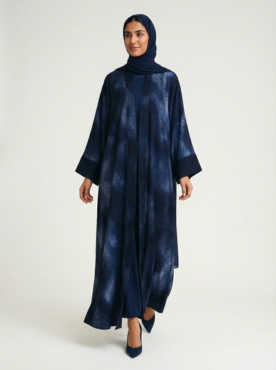 Navy Blue Abstract Marble Print Open Abaya