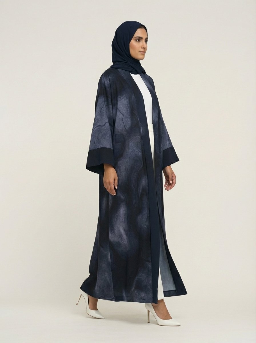Navy Blue Abstract Print Open Front Abaya Send the next one whenever you're ready! - Image 3