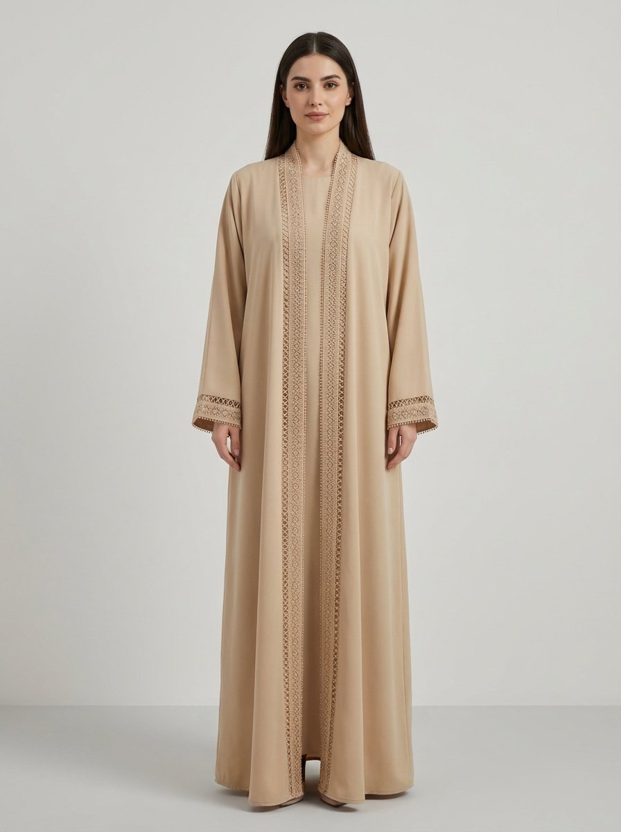 Beige Geometric Lace Trim Open Front Abaya - Image 6