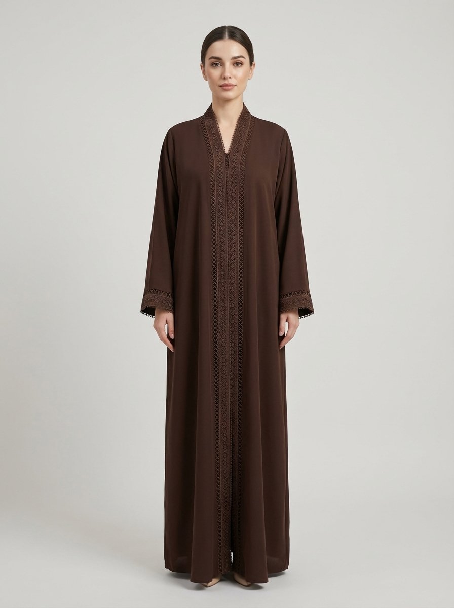 Dark Brown Geometric Lace Trim Open Front Abaya