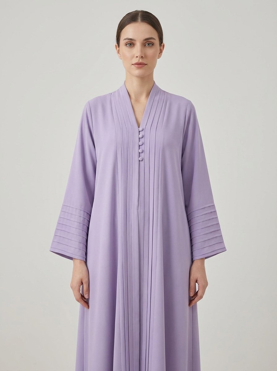 Lilac Pleated Front Abaya with Button Details Ready for the next one - Image 3