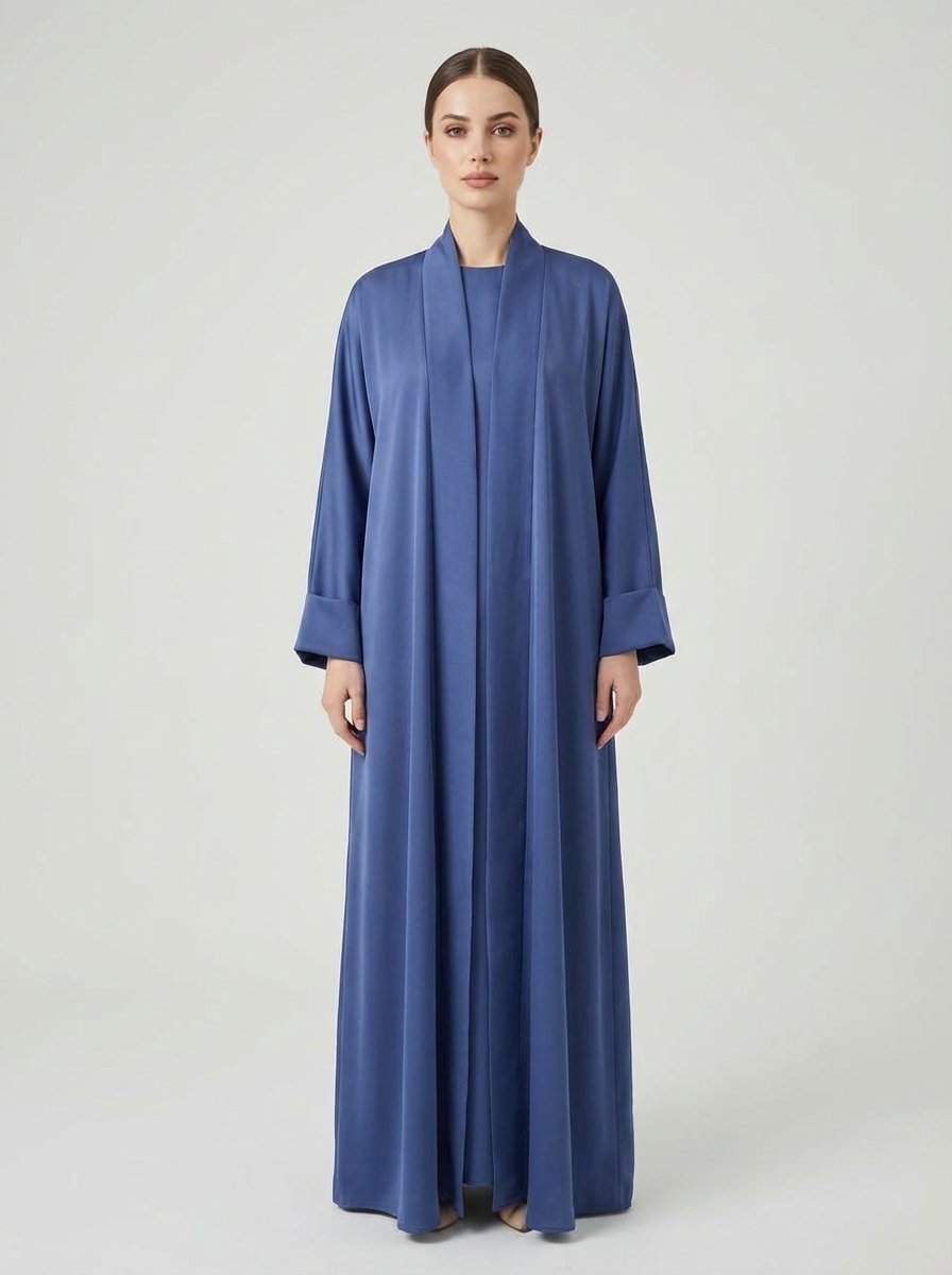 Classic Dusty Blue Open Front Abaya Set - Image 6