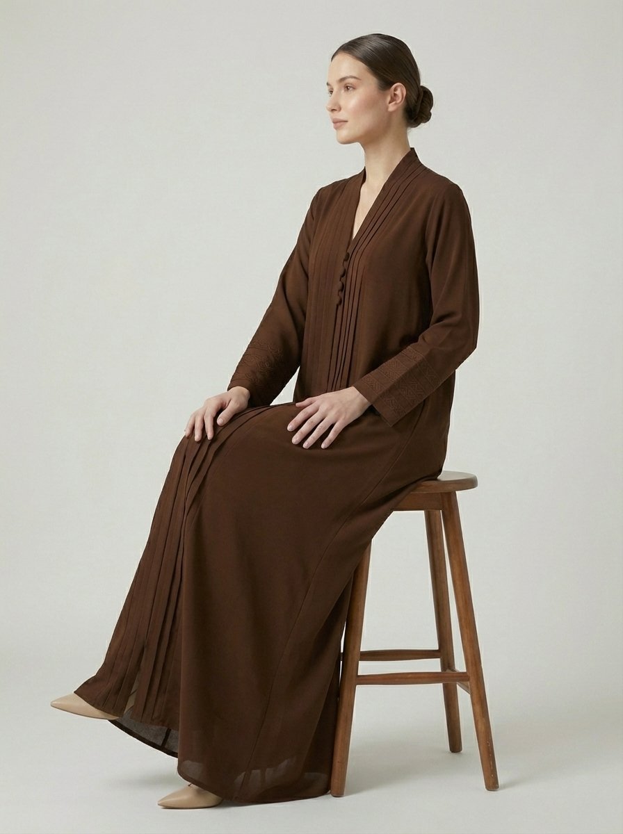 Chocolate Brown Pleated Front Abaya with Button Details - Image 3