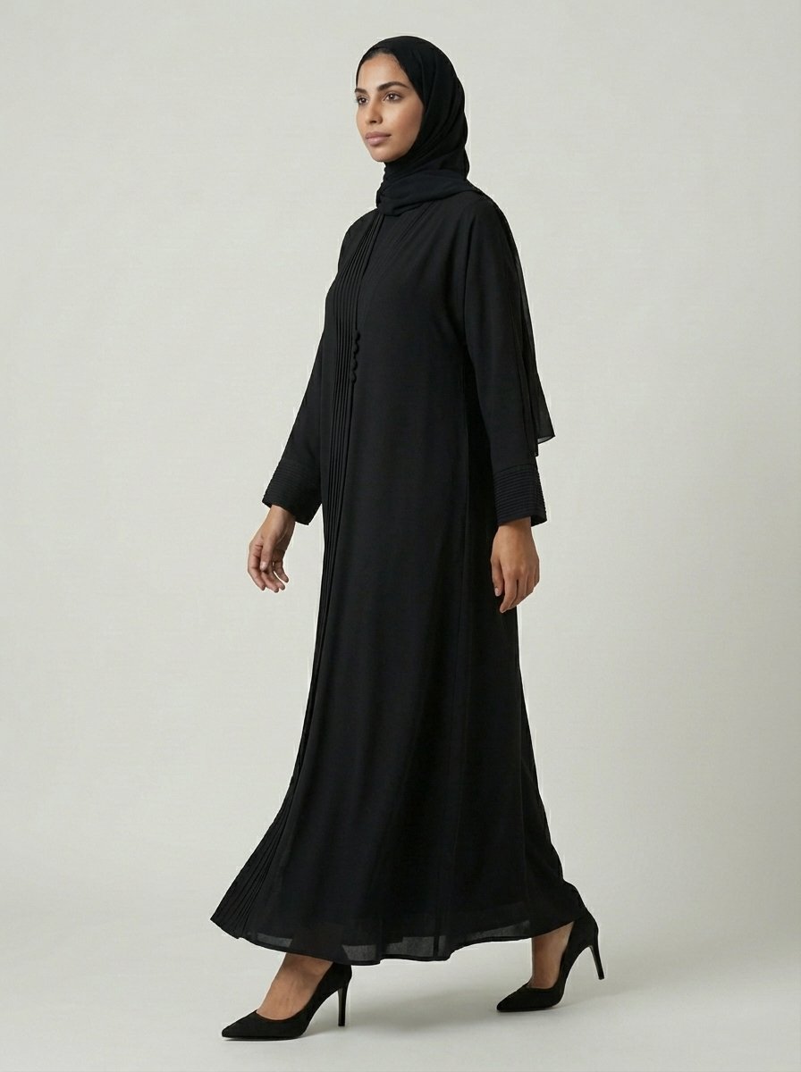 Classic Black Pleated Front Abaya with Button Details - Image 3