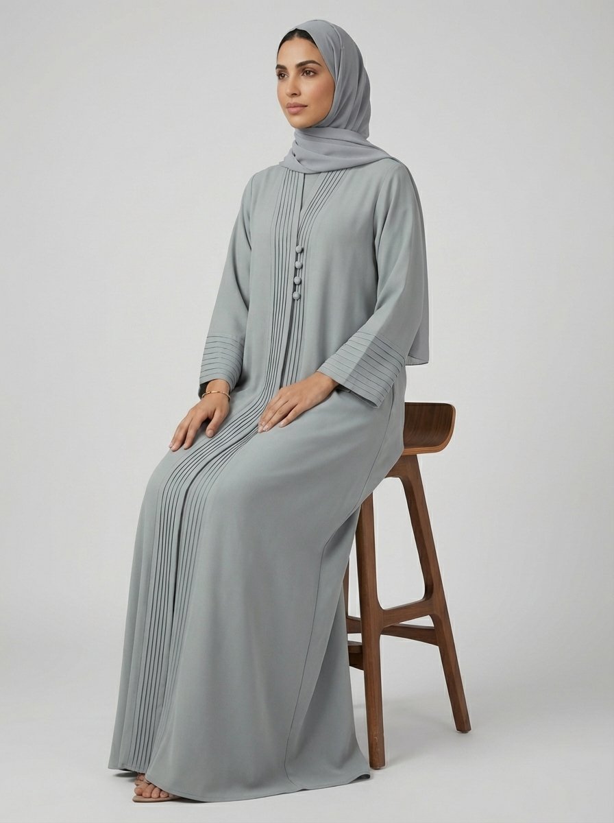 Light Gray Pleated Front Abaya with Button Details - Image 4