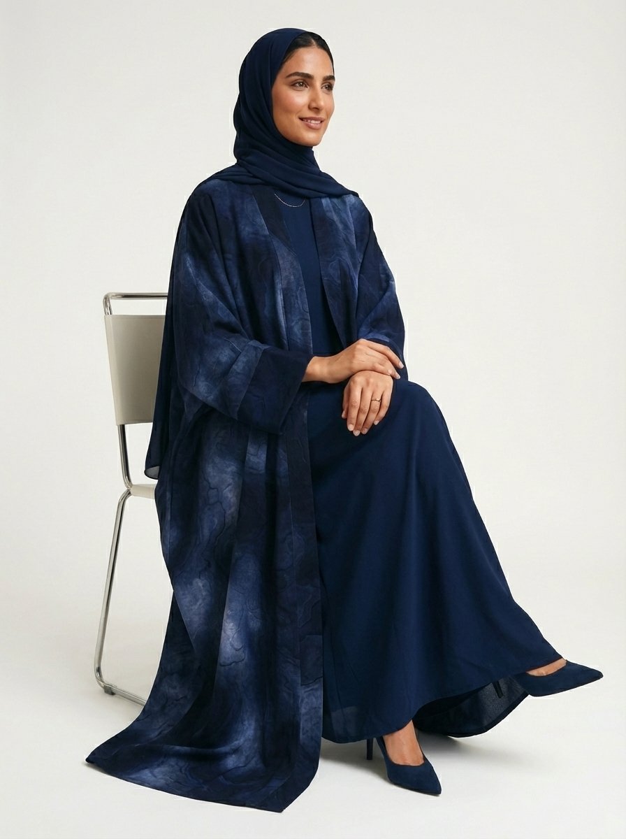 Navy Blue Abstract Marble Print Open Abaya - Image 7