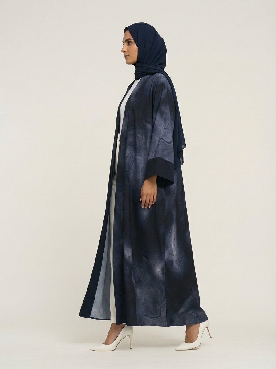 Navy Blue Abstract Print Open Front Abaya Send the next one whenever you're ready! - Image 2